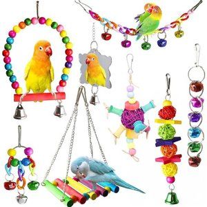 8 Pcs Parakeet Cockatiel Bird Toys, Hanging Bell Pet Bird Cage Hammock Swing Toy